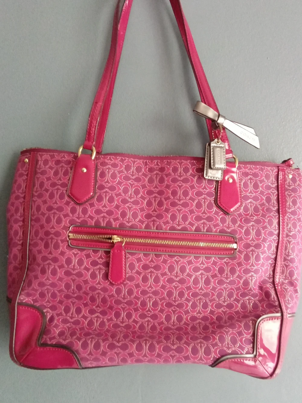 Coach Poppy Pink Signature C Monogram Patent Leather Tote Bag Gold Hardware